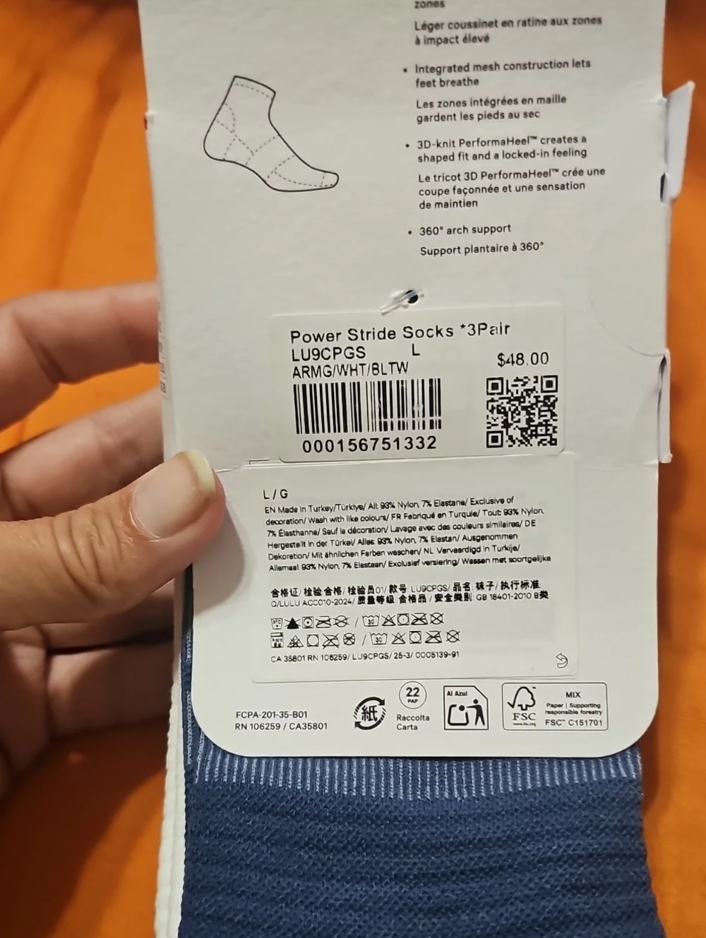 Lululemon Power Stride Socks, 3 Pair!! Nwts! ARMG/WHT/BLTW!! Sz Large